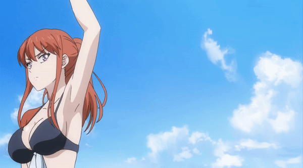 1girl, animated, animated_gif, bikini, black_bikini, bouncing_breasts, breasts, cleavage, hair_ornament, large_breasts, long_hair, purple_eyes, red_hair, ryou_fujihashi, swimsuit, tagme, yubisaki_kara_no_honki_no_netsujou_osanajimi_wa_shouboushi