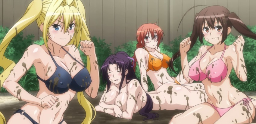 4girls, ahoge, anime_screenshot, ass, bikini, blonde_hair, blush, braid