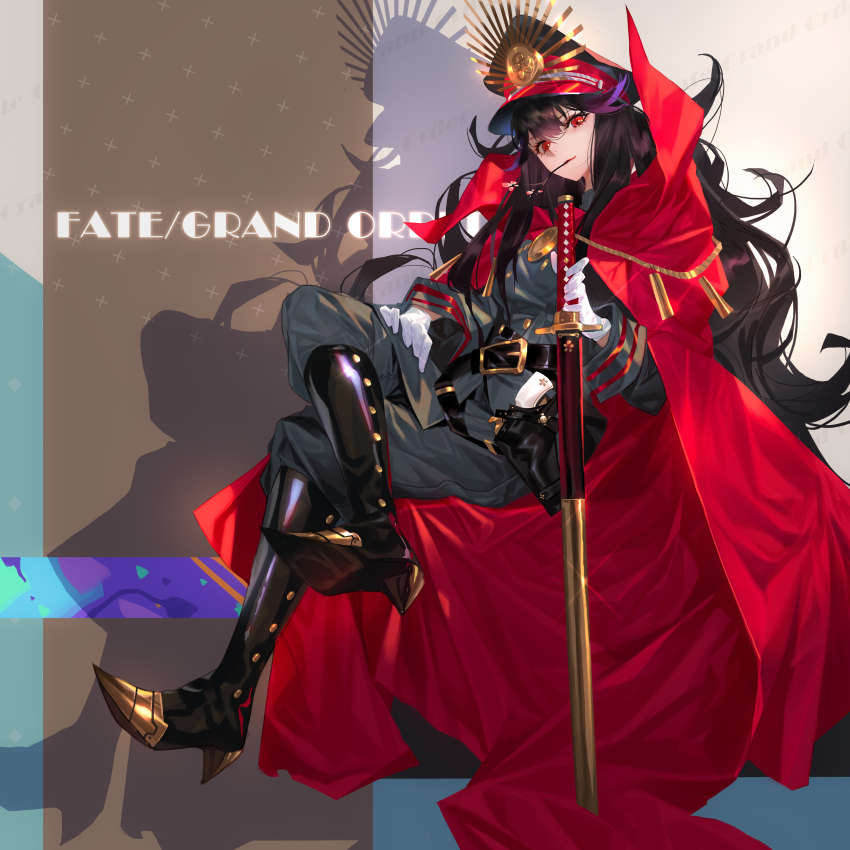 1girl, absurdres, bekt, belt, belt_buckle, black_footwear, black_hair, black_headwear, black_jacket, black_pants, boots, buckle, cape, closed_mouth, copyright_name, crossed_legs, fate/grand_order, fate_(series), full_body, glint, gloves, grandia_lee, gun, hand_on_own_thigh, hat, high_heel_boots, high_heels, highres, holding, holding_sword, holding_weapon, holster, jacket, knee_boots, long_hair, long_sleeves, looking_at_viewer, military, military_jacket, military_uniform, mouth_hold, oda_nobunaga_(fate), oda_nobunaga_(koha-ace), pants, peaked_cap, red_cape, shadow, sheath, sheathed, sitting, smile, sword, very_long_hair, watermark, weapon, white_gloves