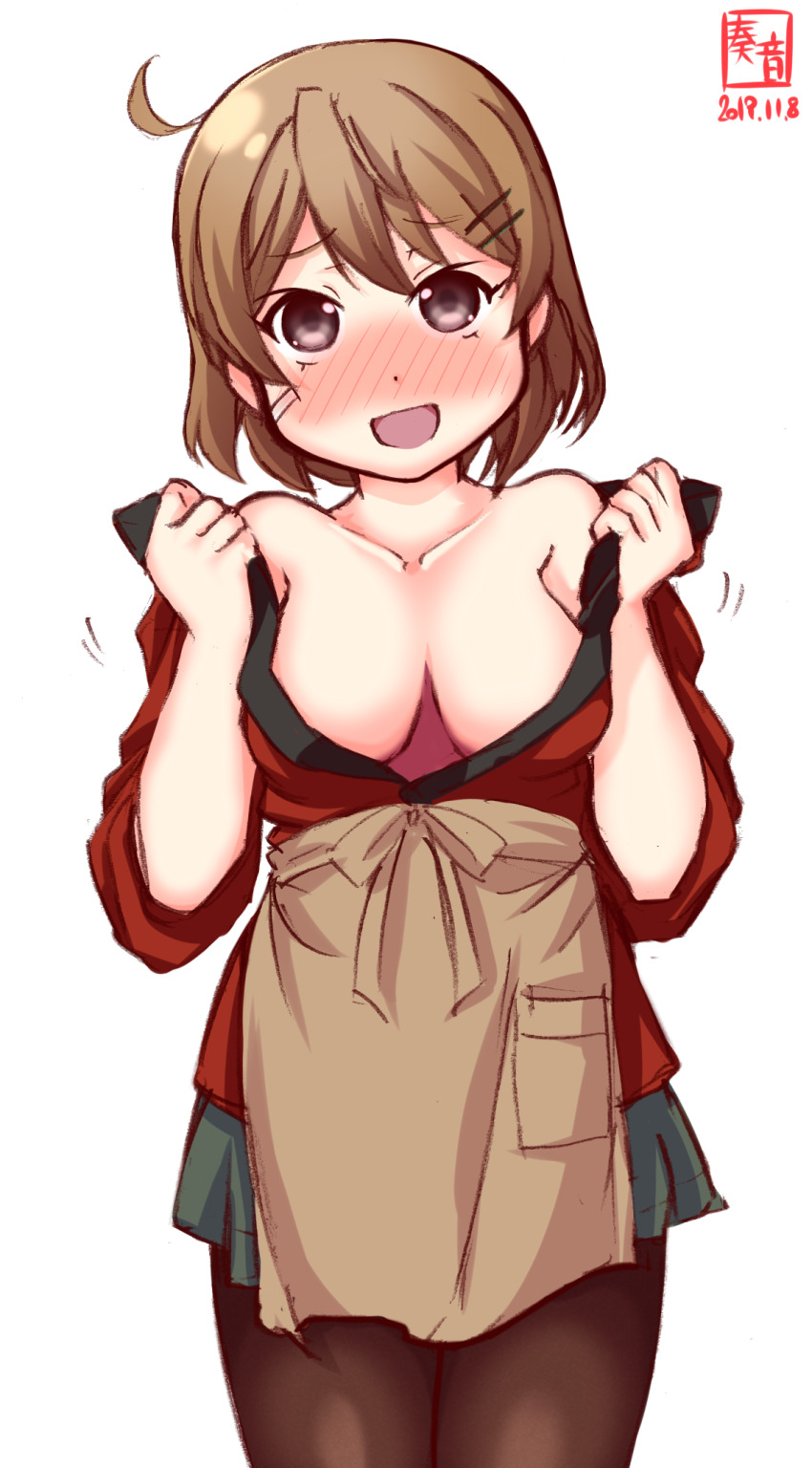 1girl, ahoge, alternate_costume, apron, artist_logo, bandaid, bandaid_on_face, black_pantyhose, blush, breasts, brown_apron, brown_eyes, brown_hair, cleavage, commentary_request, cowboy_shot, dated, female_focus, grey_skirt, happi, highres, japanese_clothes, kanon_(kurogane_knights), kantai_collection, large_breasts, logo, nose_blush, oboro_(autumn)_(kancolle), oboro_(kancolle), open_clothes, pantyhose, pleated_skirt, short_hair, simple_background, skirt, smile, solo, standing, white_background