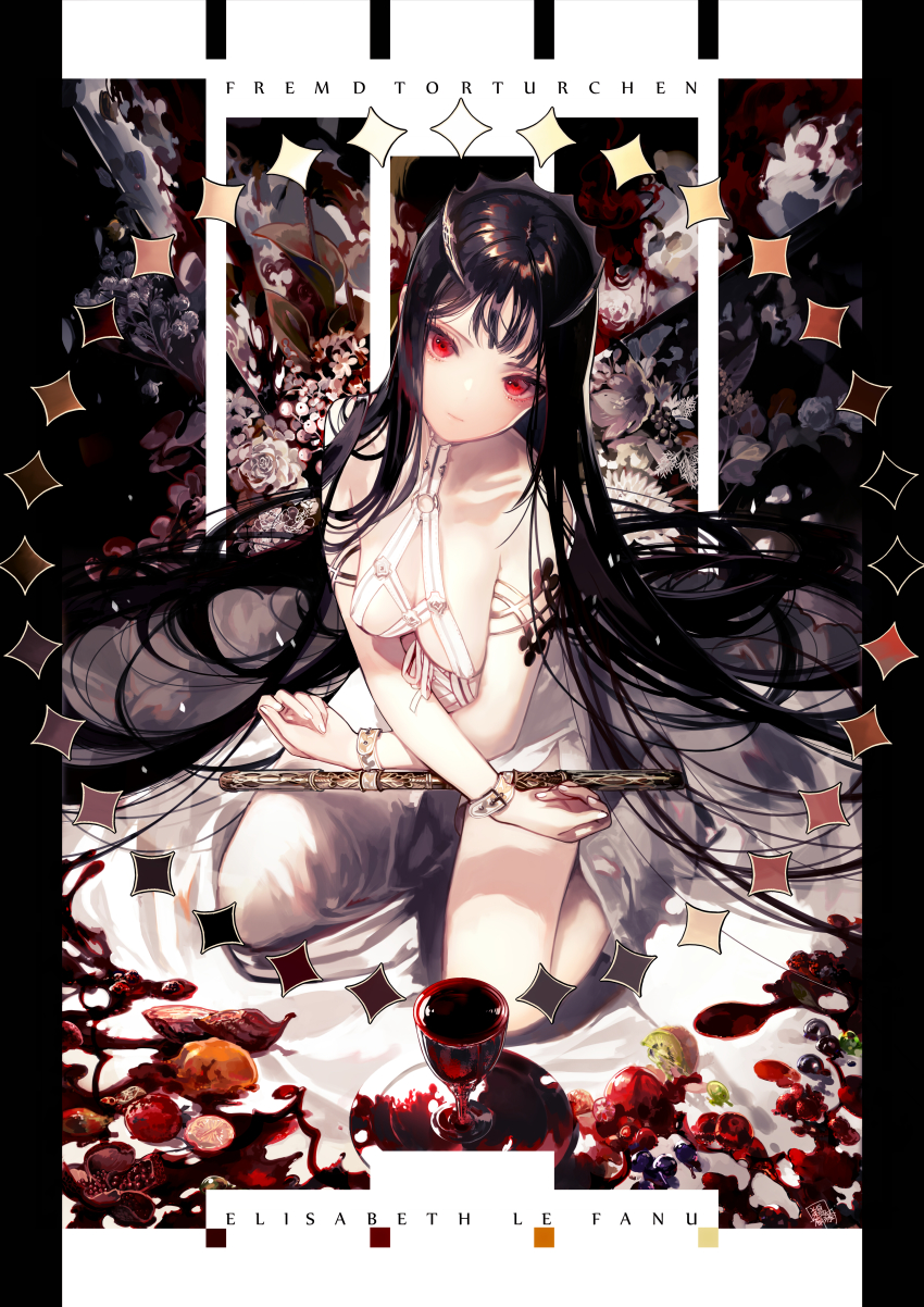 1girl, absurdly_long_hair, absurdres, alcohol, black_hair, blush, breasts, cleavage, closed_mouth, collarbone, cup, dress, drinking_glass, expressionless, female_focus, highres, huge_filesize, isekai_goumonhime, large_breasts, long_hair, looking_at_viewer, official_art, plate, red_eyes, seiza, sitting, solo, ukai_saki, very_long_hair, white_dress, wine, wine_glass