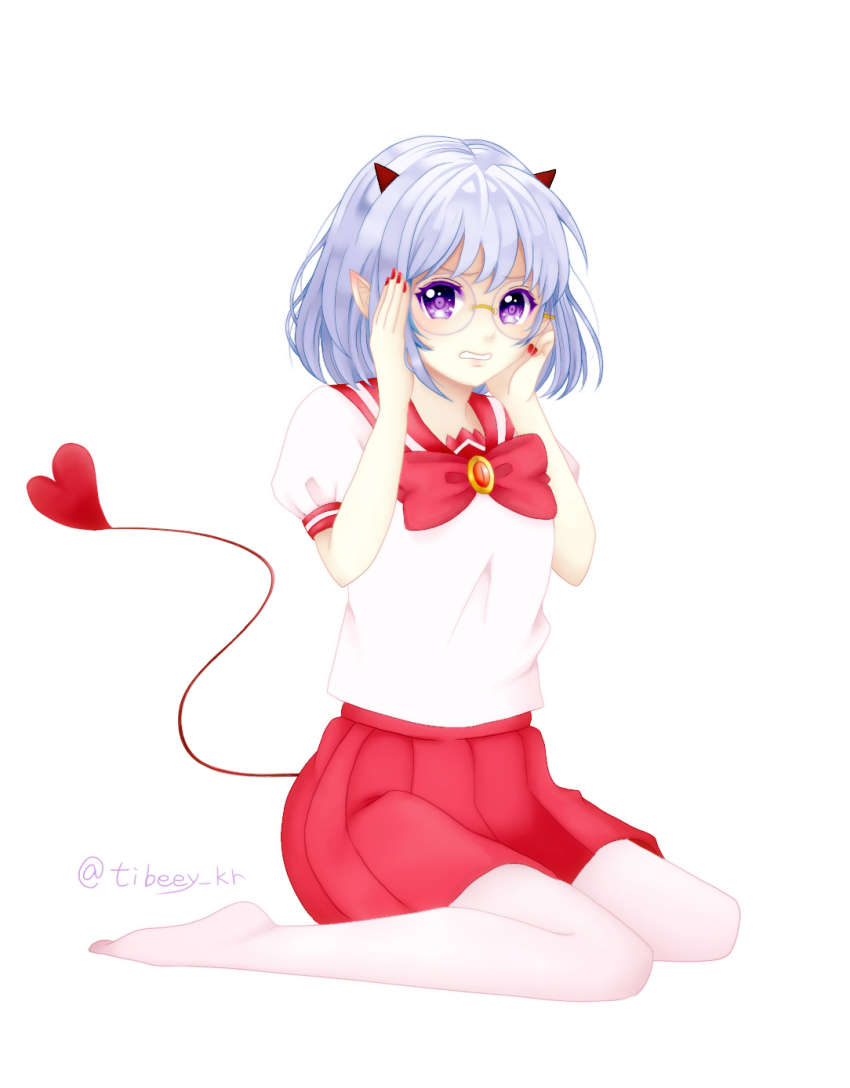 10s, 1girl, adjusting_eyewear, artist_name, bad_id, bad_pixiv_id, blouse, clenched_teeth