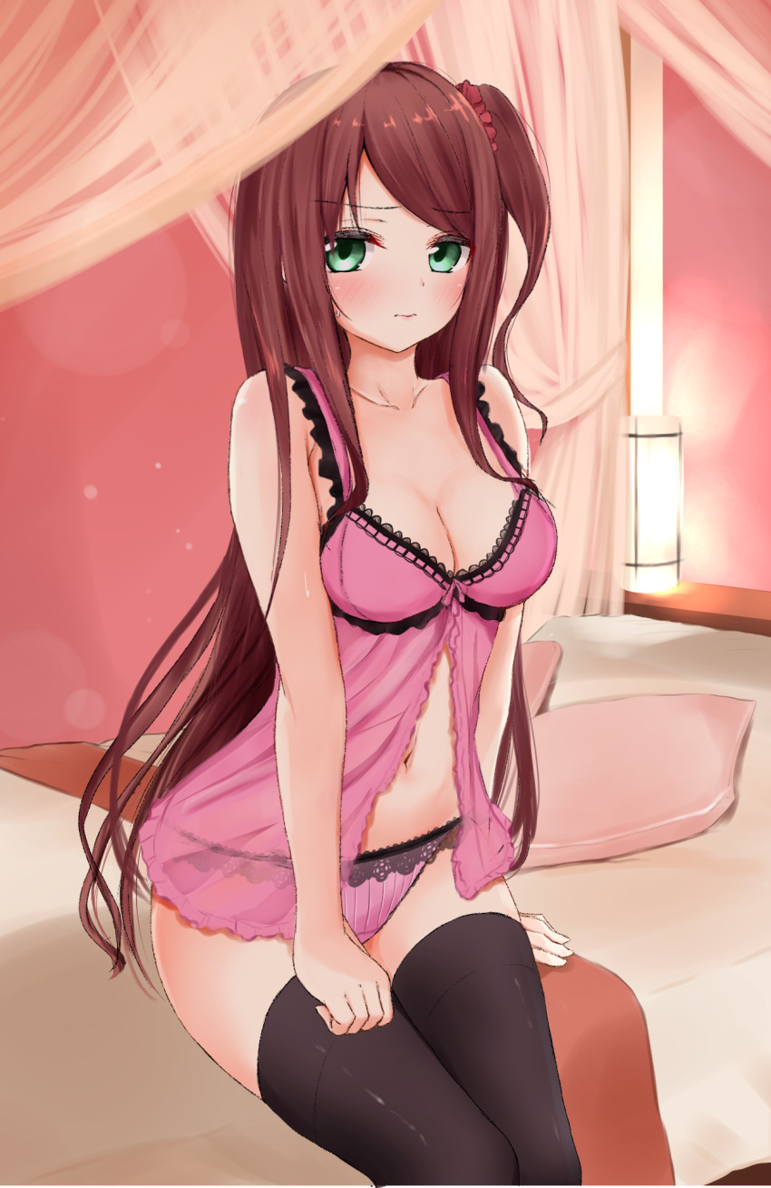 1girl, agejo_gyaru, akabane_youko, babydoll, bare_arms, bare_shoulders, bed, black_thighhighs