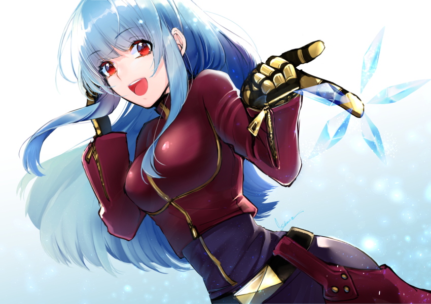1girl, :d, belt, blue_hair, bodysuit, breasts, chaps, cropped_jacket
