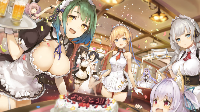 6+girls, :d, ahoge, alcohol, alternate_costume, animal_ear_fluff, animal_ears, anniversary