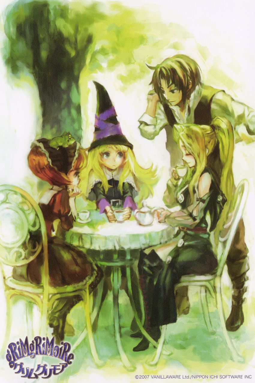 1boy, 3girls, amaretto_virgine, amoretta_virgine, bartido_ballentyne, cup, grimgrimoire, highres