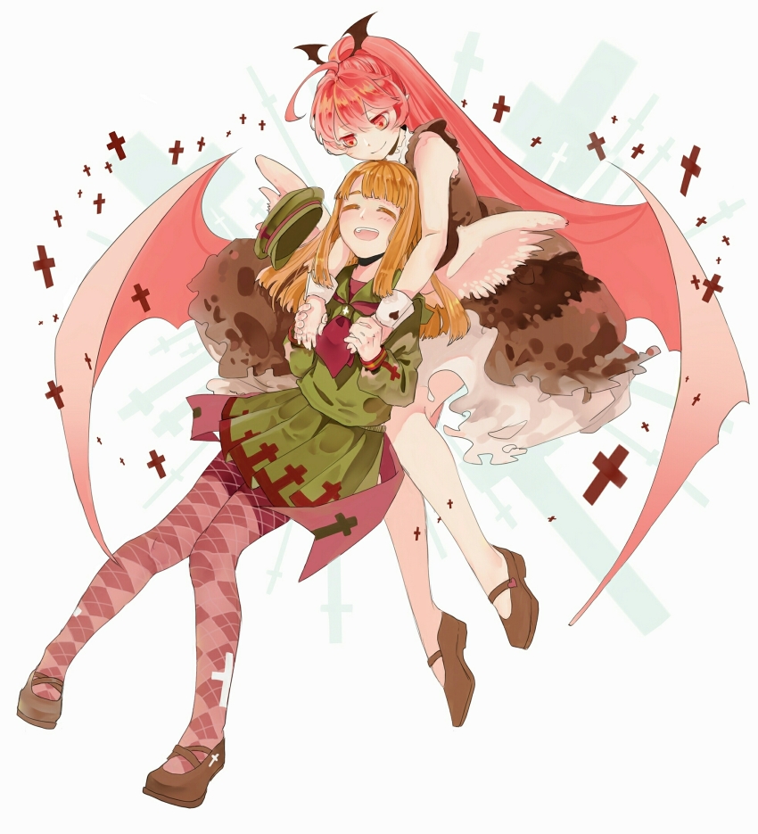 2girls, :d, ^_^, ahoge, argyle_clothes, argyle_legwear, blush, brown_footwear