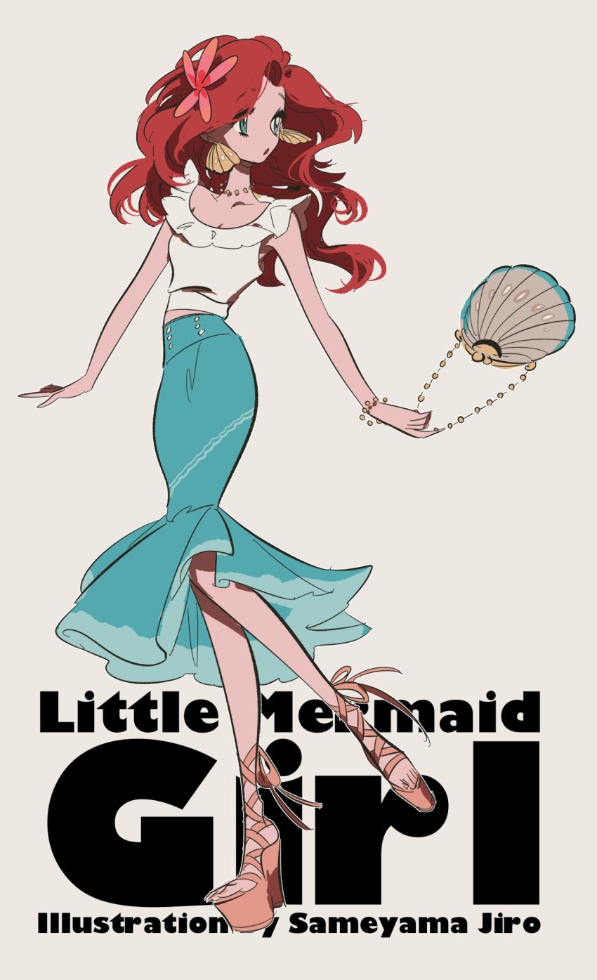 1girl, :o, adapted_costume, aqua_skirt, ariel_(disney), arms_at_sides, artist_name, bag