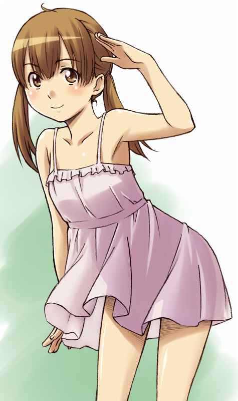 1girl, armpits, bad_id, bad_pixiv_id, blush, brown_eyes, brown_hair, child, dress, female_focus, hourou_musuko, long_hair, salute, sasa_kanako, sawa_jaaji, short_twintails, smile, solo, twintails