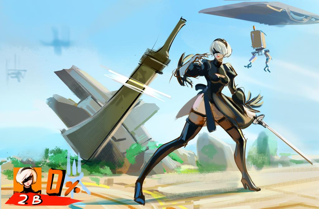 1girl, 1other, 2b_(nier:automata), beastlord_(sword), black_dress, black_footwear, black_hairband, blindfold