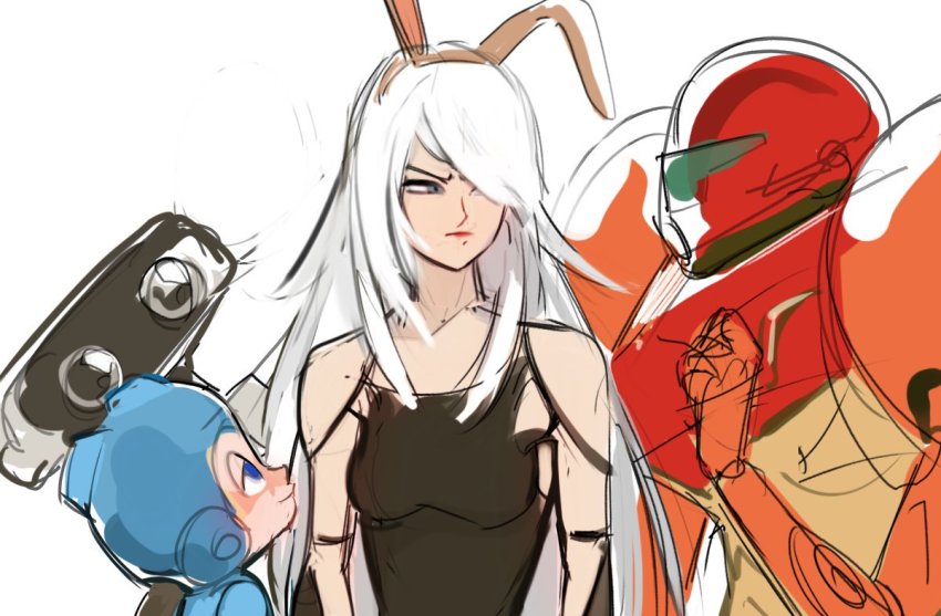 1boy, 1other, 2girls, a2_(nier:automata), android, animal_ears, blue_eyes, commentary, crossover, emmanuel_edeko, english_commentary, fake_animal_ears, family_computer_robot, grey_eyes, hair_over_one_eye, height_difference, joints, long_hair, looking_at_another, mega_man_(character), mega_man_(classic), mega_man_(series), metroid, mole, mole_under_mouth, multiple_crossover, multiple_girls, nier:automata, nier_(series), nintendo, power_suit, power_suit_(metroid), rabbit_ears, robot, robot_joints, samus_aran, sketch, super_smash_bros., varia_suit, white_background, white_hair