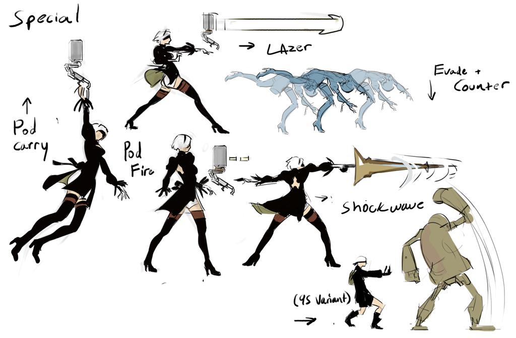 1boy, 1tori, 2others, boots, brown_legwear, concept_art, dodging, dragoon_lance_(nier)