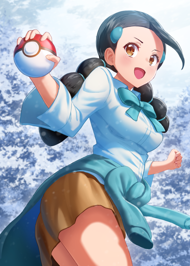1girl, :d, blush, bow, bowtie, breasts, brown_hair, candice_(pokemon)