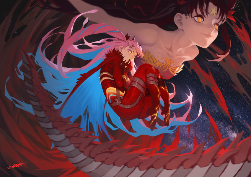 2girls, absurdres, ass, bare_shoulders, bel_maana_(fate), blue_hair, bodysuit, cape