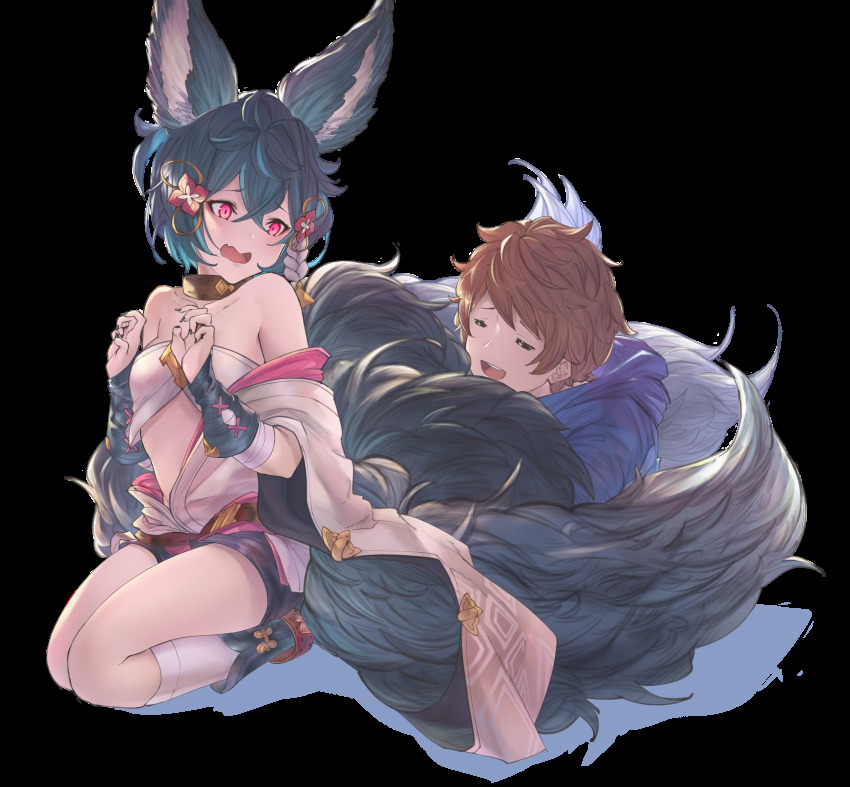 1boy, 1girl, animal_ears, backless_outfit, bare_shoulders, betanonbeet, erune, fox_ears
