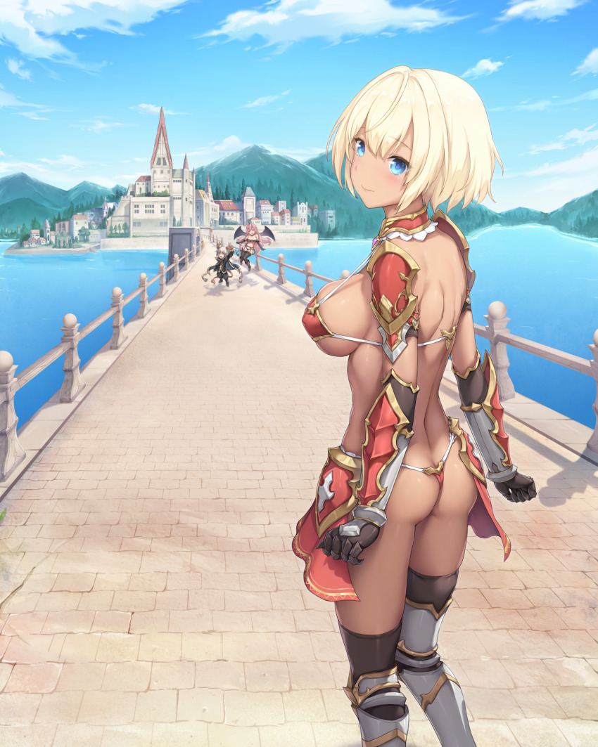 1boy, 2girls, :d, architecture, arm_at_side, armor, armored_boots, ass, bat_wings, bikini, bikini_armor, black_bra, black_jacket, black_legwear, black_pants, blonde_hair, blue_eyes, blue_sky, blush, boots, bra, breasts, bridge, butt_crack, cape, castle, cloud, cloudy_sky, covered_erect_nipples, dark-skinned_female, dark_skin, day, demon_girl, demon_horns, demon_tail, demon_wings, eve_story_yuusha_no_shugyou, fantasy, forest, from_behind, garter_straps, gauntlets, greaves, green_hair, halterneck, hand_up, highres, horns, jacket, landscape, large_breasts, long_hair, long_sleeves, looking_at_viewer, looking_back, low_wings, micro_bikini, mountain, multiple_girls, nature, navel, open_mouth, original, outdoors, pants, pauldrons, pink_hair, pointy_ears, red_armor, red_bikini, sayika, scenery, short_hair, shoulder_armor, shoulder_blades, sideboob, skindentation, sky, smile, standing, stomach, strapless, strapless_bra, string_bikini, swimsuit, tail, thighhighs, thong, thong_bikini, tower, tree, underwear, underwear_only, vambraces, very_long_hair, water, waving, wings