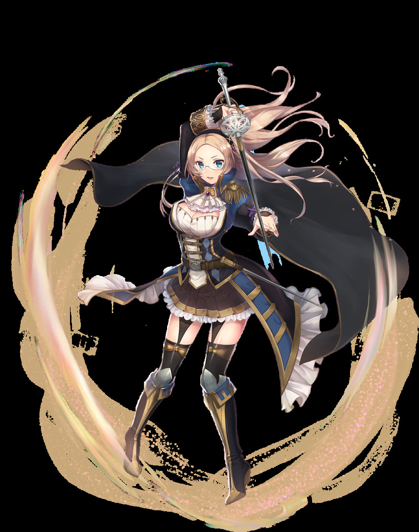 1girl, awakening_(sennen_sensou_aigis), black_thighhighs, blue_eyes, blush, boots, breasts, cape