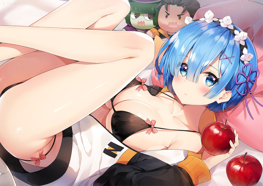 1girl, alternate_costume, apple, armpit_crease, ass, ayamy, bare_legs, bare_shoulders