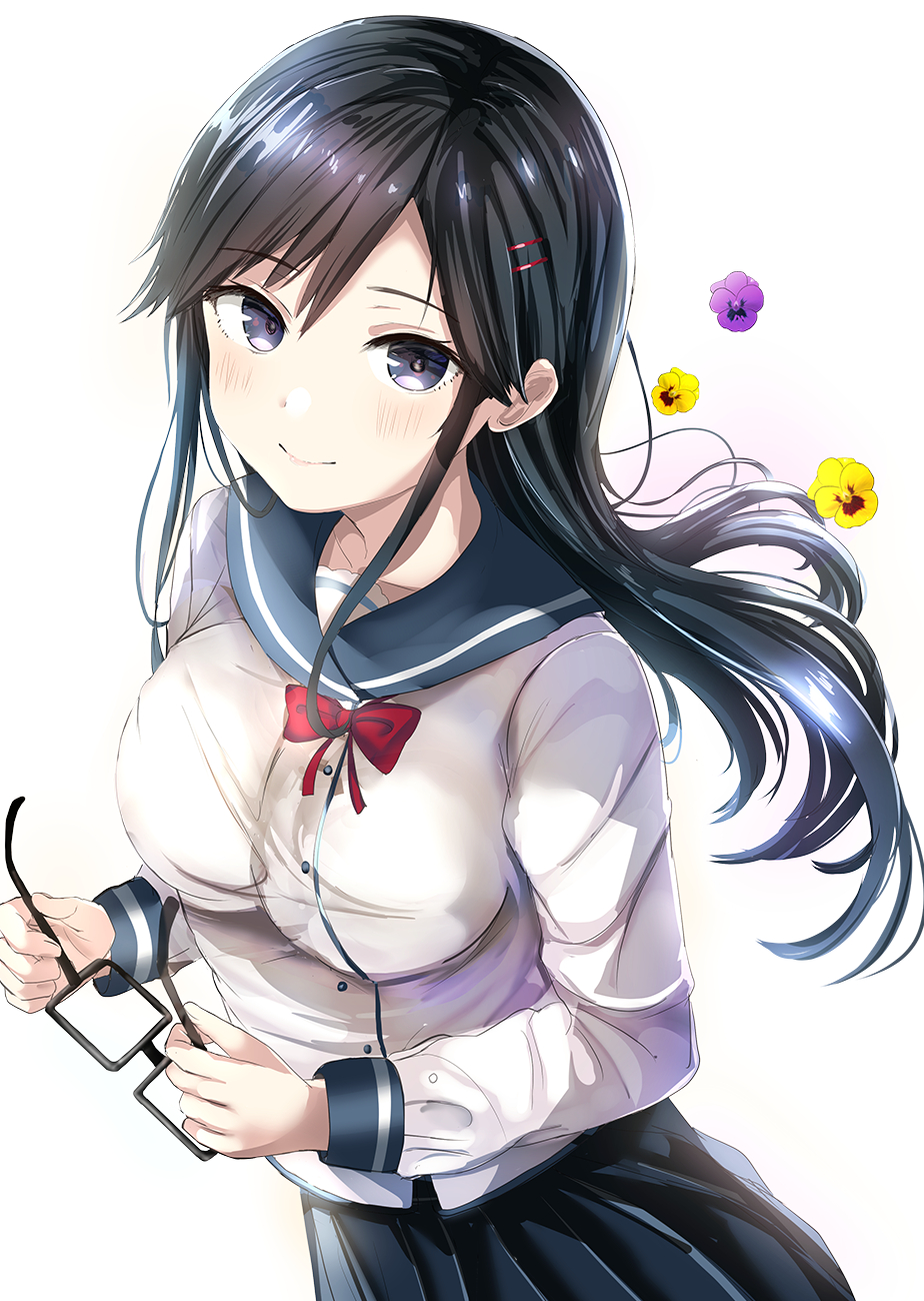 1girl, black-framed_eyewear, black_hair, black_skirt, blue_sailor_collar, blush, breasts, closed_mouth, commentary_request, female_focus, flower, from_above, hair_ornament, hairclip, highres, holding, holding_removed_eyewear, long_hair, long_sleeves, looking_at_viewer, looking_up, medium_breasts, morerin, name_connection, object_namesake, ore_wo_suki_nano_wa_omae_dake_ka_yo, pansy, purple_eyes, purple_flower, purple_pansy, rectangular_eyewear, sailor_collar, sanshokuin_sumireko, school_uniform, serafuku, shirt, skirt, smile, solo, unworn_eyewear, upper_body, white_shirt, yellow_flower, yellow_pansy
