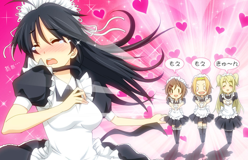 00s, 4girls, akiyama_mio, alternate_costume, black_hair, blonde_hair, brown_hair, closed_eyes