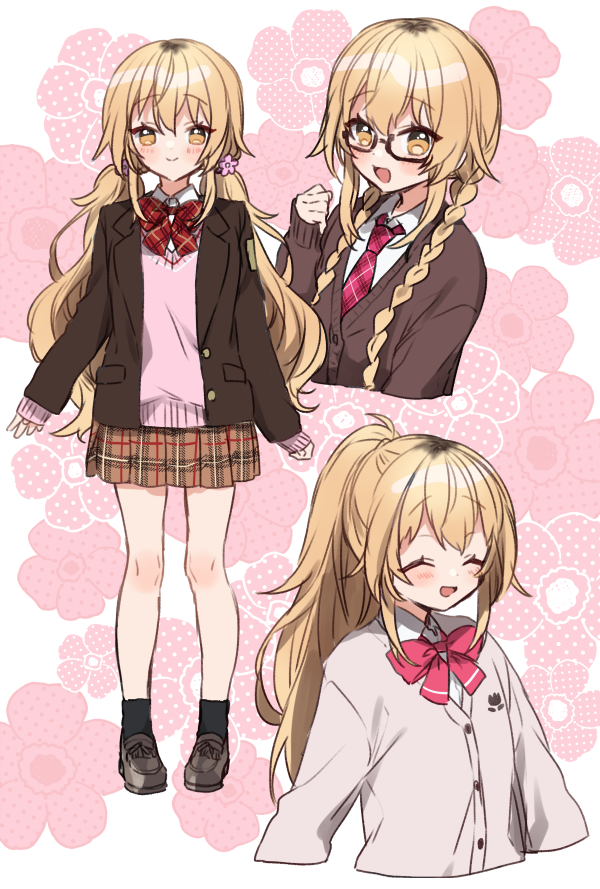 1girl, :d, ^_^, alternate_costume, alternate_hairstyle, beige_jacket, bespectacled, black_legwear