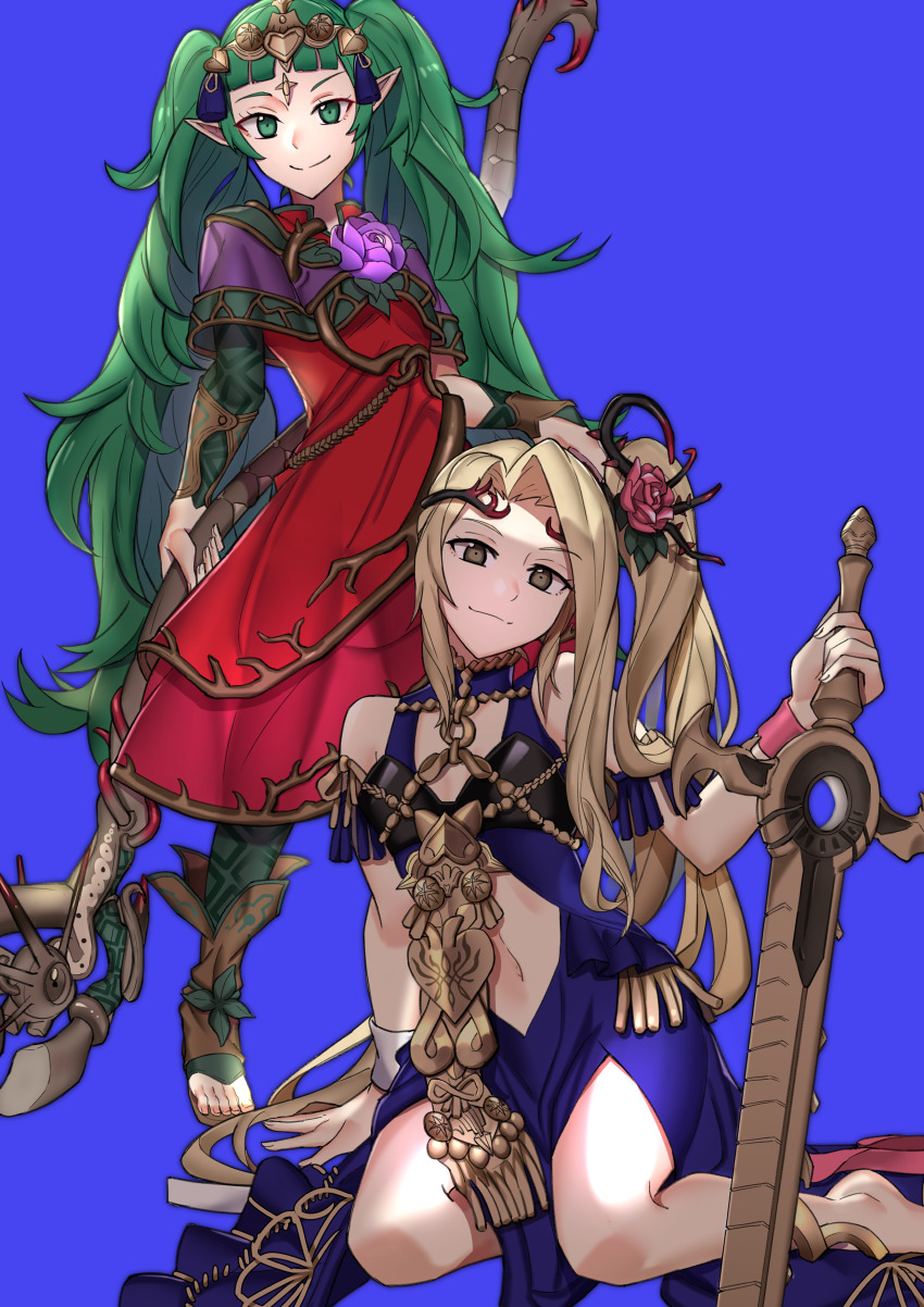 2girls, absurdres, barefoot, blonde_hair, blue_background, closed_mouth, commission, cosplay, costume_switch, dress, ebinku, fire_emblem, fire_emblem:_three_houses, flower, full_body, green_eyes, green_hair, hair_flower, hair_ornament, highres, holding, holding_staff, holding_sword, holding_weapon, kid_icarus, kid_icarus_uprising, long_hair, multiple_girls, viridi, navel, nintendo, pointy_ears, side_ponytail, simple_background, sitting, smile, sothis_(fire_emblem), sothis_(fire_emblem)_(cosplay), staff, sword, tiara, viridi_(cosplay), weapon