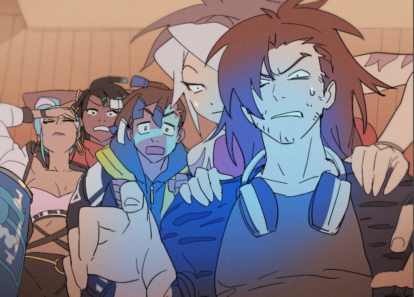 akali, black_hair, bracelet, clenched_teeth, constricted_pupils, dark-skinned_male, dark_skin, dreadlocks, earrings, ekko_(league_of_legends), facepalm, facial_hair, hair_over_one_eye, hands_on_another's_shoulders, headphones, headphones_around_neck, hoop_earrings, jewelry, league_of_legends, multicolored_hair, ponytail, qiyana_(league_of_legends), senna_(league_of_legends), stubble, sweatdrop, teeth, true_damage_(league_of_legends), true_damage_akali, true_damage_ekko, true_damage_qiyana, true_damage_senna, true_damage_yasuo, two-tone_hair, white_hair, yasuo_(league_of_legends), zaket07