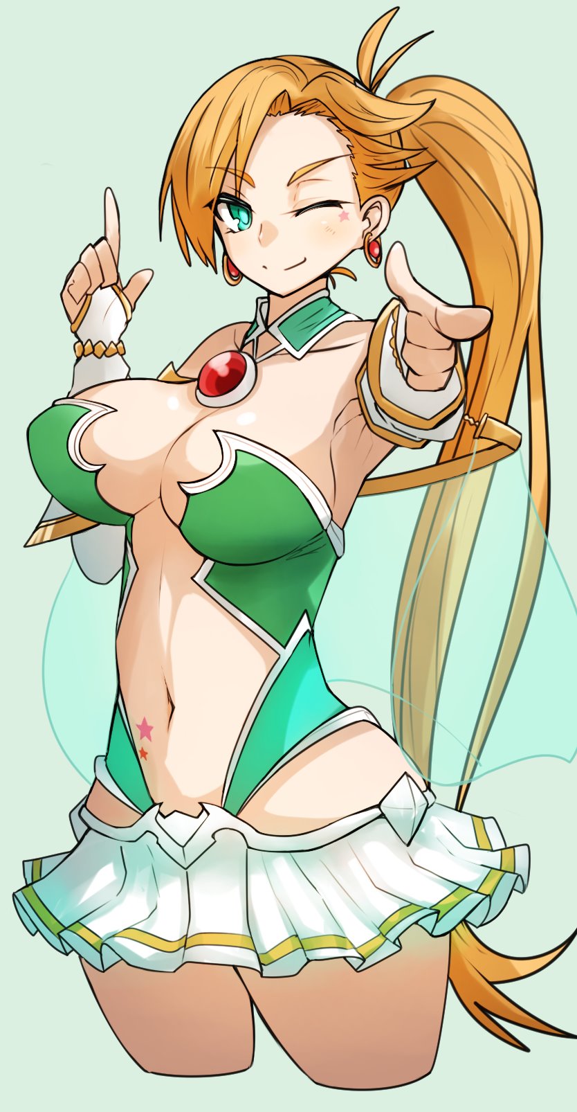 1girl, ;), aqua_background, blonde_hair, breasts, calamity_jane_(fate), calamity_jane_(third_ascension)_(fate), commentary_request