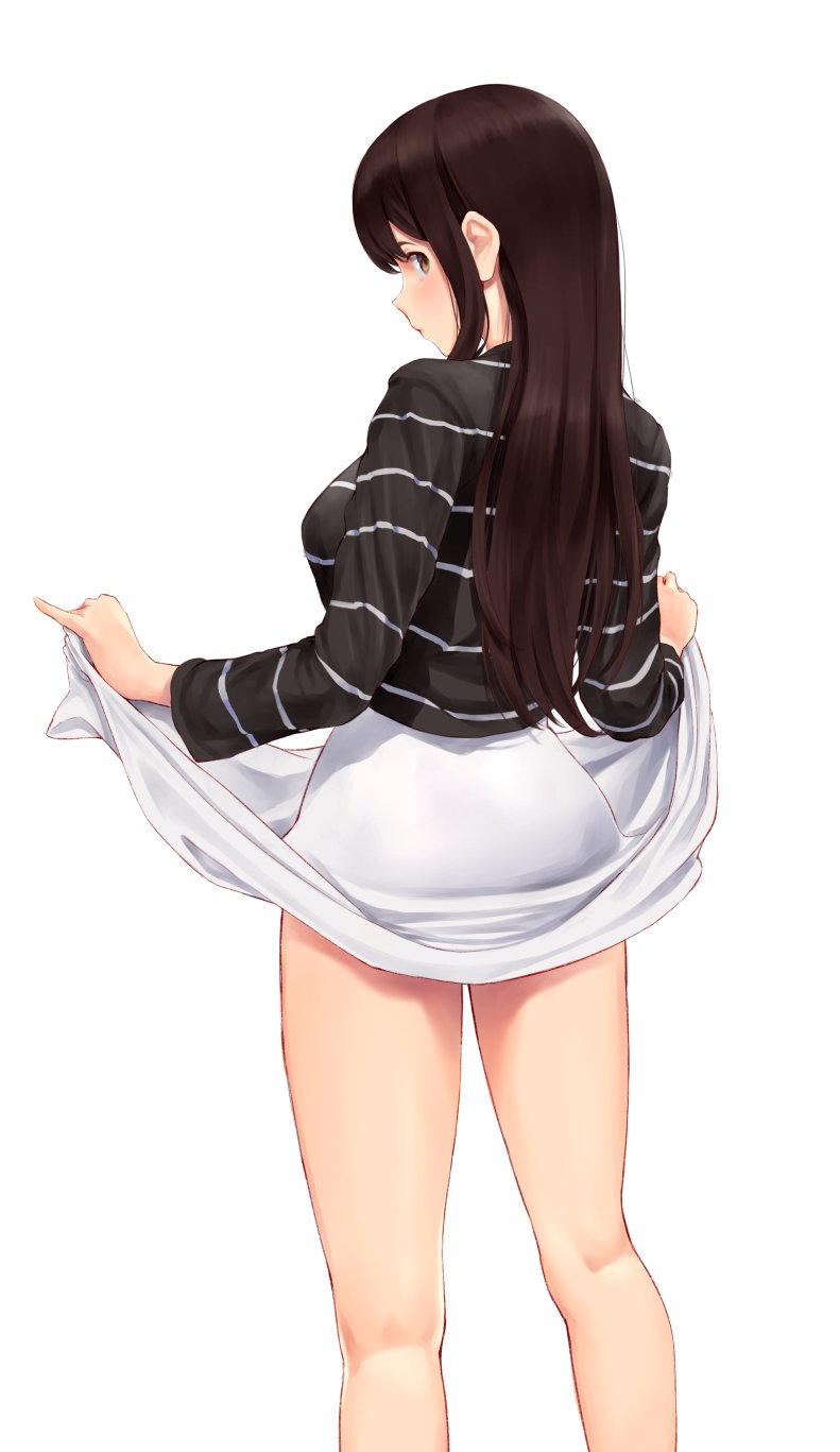 1girl, akagi_(kancolle), akagi_(kure_2019)_(kancolle), ass, black_shirt, blush, breasts, brown_eyes, brown_hair, closed_mouth, contemporary, female_focus, highres, holding_own_skirt, kantai_collection, large_breasts, long_hair, long_sleeves, looking_back, pencil_skirt, shirt, simple_background, skirt, solo, straight_hair, striped_clothes, striped_shirt, thighs, wa_(genryusui), white_background, white_skirt