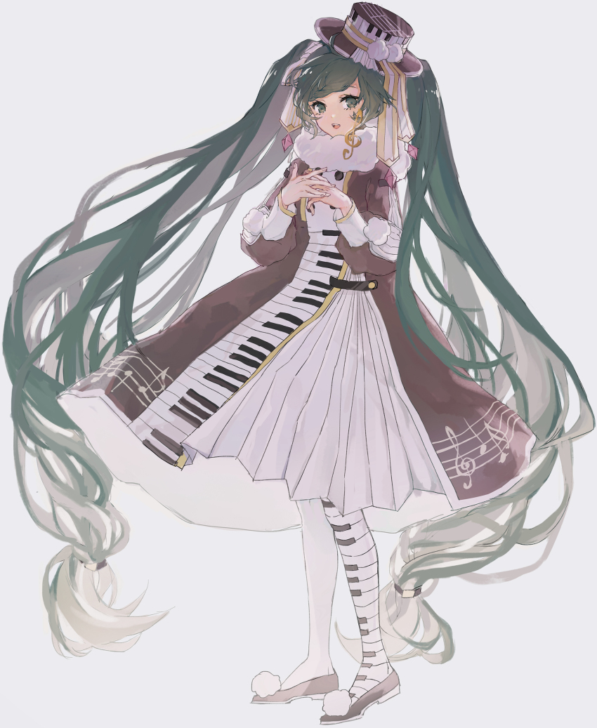 1girl, absurdres, alternate_costume, beamed_eighth_notes, beamed_sixteenth_notes, brown_dress, commentary, dress, earrings, eighth_note, english_commentary, female_focus, fortissimo, full_body, fur-trimmed_dress, fur_trim, green_eyes, green_hair, hair_ornament, hat, hatsune_miku, highres, jewelry, keyboard_print, light_smile, long_hair, looking_at_viewer, michiki_kokuyou, musical_note, musical_note_hair_ornament, musical_note_print, musical_staff, open_mouth, own_hands_together, pleated_dress, quarter_note, ribbon, smile, solo, standing, treble_clef, twintails, very_long_hair, vocaloid, yuki_miku, yuki_miku_(2020), yuki_miku_(2020)_(candidate_no.4)