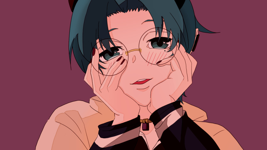 10s, 1boy, amy_kiriwo, aqua_eyes, aqua_hair, blush, collar, demon, earrings, facing_viewer, glasses, half-closed_eyes, hands_on_own_cheeks, hands_on_own_face, horns, jewelry, looking_at_viewer, mairimashita!_iruma-kun, male_focus, matching_hair/eyes, mole, mole_under_eye, nail_polish, open_mouth, parted_bangs, pointy_ears, portrait, purple_background, red_nails, rimless_eyewear, round_eyewear, simple_background, smile, solo, teeth, upper_teeth_only, yandere, yandere_trance