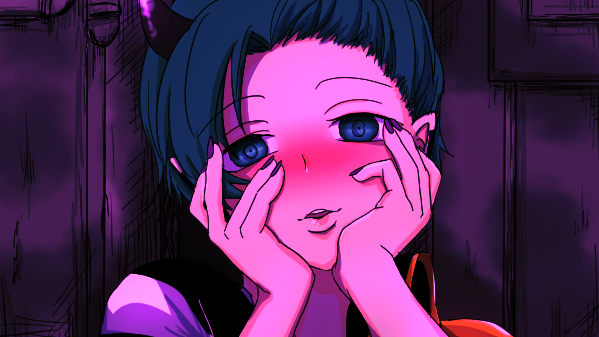 10s, 1boy, amy_kiriwo, blue_eyes, blue_hair, blush, demon, earrings, facing_viewer, hair_pulled_back, half-closed_eyes, hands_on_own_cheeks, hands_on_own_face, horns, indoors, jewelry, lips, looking_at_viewer, mairimashita!_iruma-kun, male_focus, matching_hair/eyes, nail_polish, no_eyewear, nose_blush, pointy_ears, portrait, purple_background, purple_nails, smile, solo, teeth, upper_teeth_only, yandere, yandere_trance