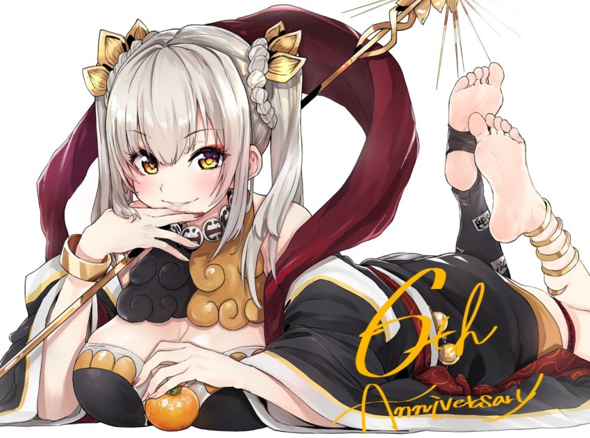 1girl, anklet, anniversary, asymmetrical_legwear, bare_shoulders, barefoot, black_legwear, blush