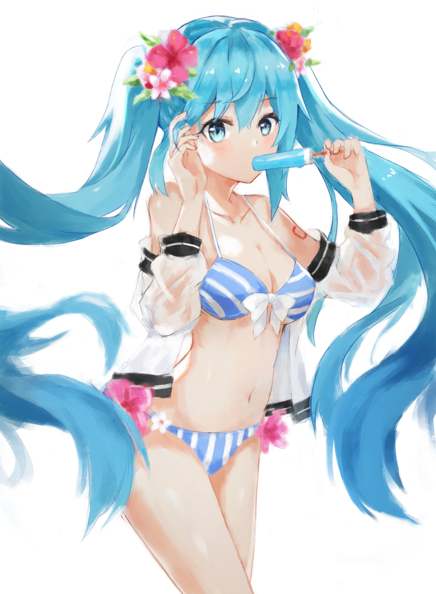 1girl, bikini, blue_bikini, blue_eyes, blue_hair, bow, breasts, cleavage, clothes_down, cowboy_shot, dress_shirt, female_focus, floating_hair, flower, food, hair_flower, hair_ornament, hatsune_miku, hibiscus, highres, holding, holding_food, long_hair, medium_breasts, nakor., navel, open_clothes, open_shirt, pink_flower, popsicle, red_flower, shirt, simple_background, solo, standing, striped_bikini, striped_clothes, swimsuit, vertical-striped_bikini, vertical-striped_bikini_bottom, vertical-striped_clothes, very_long_hair, vocaloid, wet, wet_clothes, wet_shirt, white_background, white_bow, white_flower, white_shirt