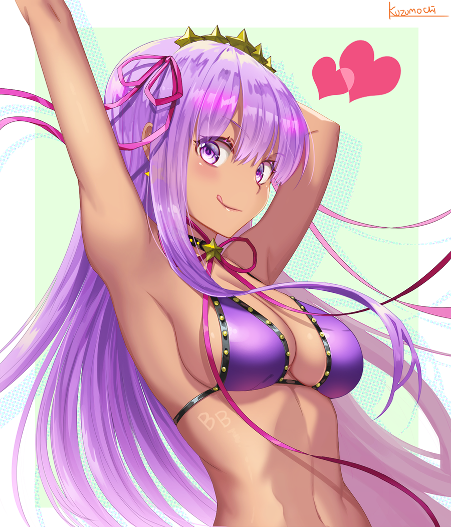 1girl, :q, aqua_background, arm_behind_head, armpits, arms_up, artist_name, bare_shoulders