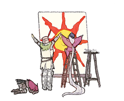 1girl, 2boys, absurdly_long_hair, armor, arms_up, canvas_(object), dark_souls_(series), dark_souls_i, dark_souls_iii, feathers, grey_hair, helmet, long_hair, lowres, multiple_boys, painting_woman_(dark_souls), praise_the_sun, simple_background, sitting, slave_knight_gael, solaire_of_astora, standing, very_long_hair, white_background, y_(chos)