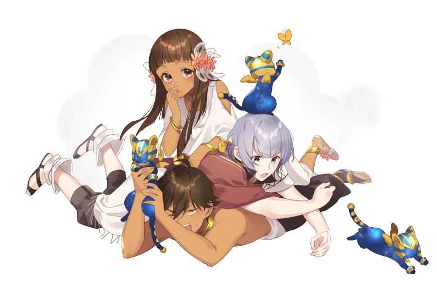 1girl, 2boys, :o, aged_down, animal, anklet, bare_shoulders, blunt_bangs