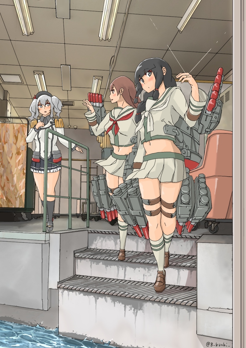 3girls, beret, black_eyes, black_hair, black_headwear, black_skirt, black_socks, blunt_bangs