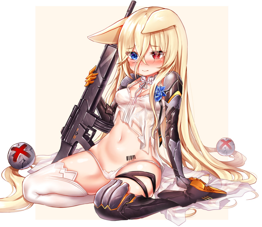 1girl, :3, absurdres, animal_ears, arm_support, assault_rifle, asymmetrical_legwear, babydoll
