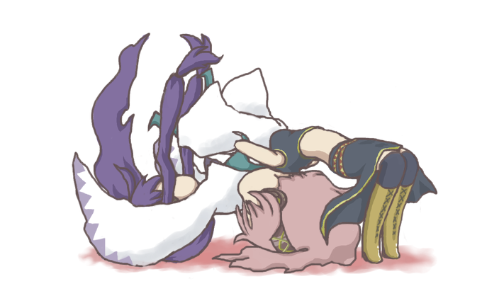 1boy, 1girl, boots, chibi, german_suplex, kamui_gakupo, long_hair, makura_(bohnen67)