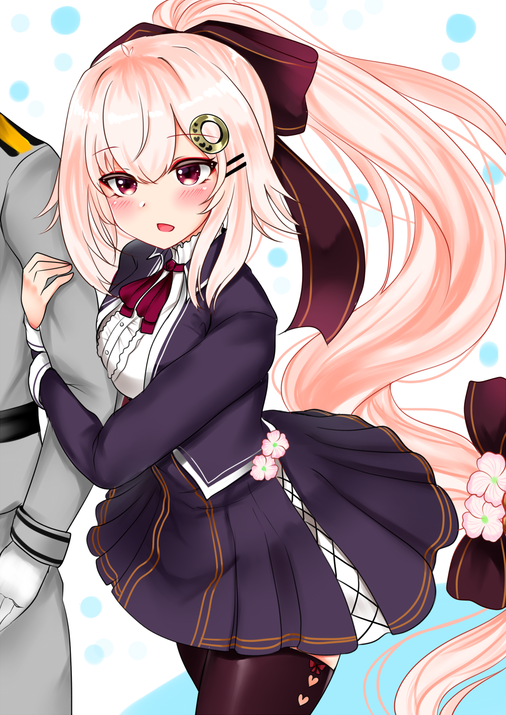 1boy, 1girl, alternate_costume, ao_(ao_10bx), blush, bow, breasts, commentary_request