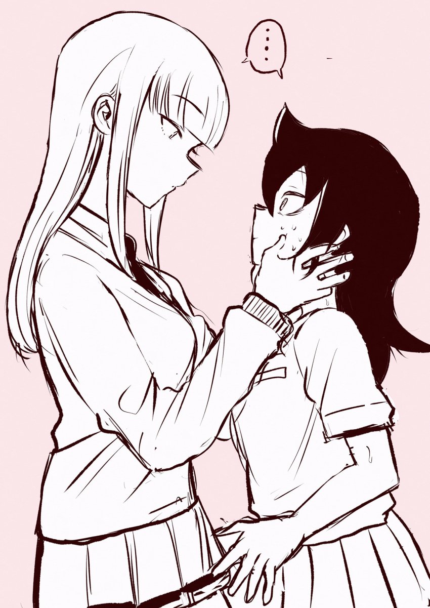 ..., 2girls, cardigan, eye_contact, hand_on_another's_face, harasunosioyaki, height_difference, highres, hime_cut, katou_asuka, kuroki_tomoko, looking_at_another, monochrome, multiple_girls, necktie, sweat, watashi_ga_motenai_no_wa_dou_kangaetemo_omaera_ga_warui!