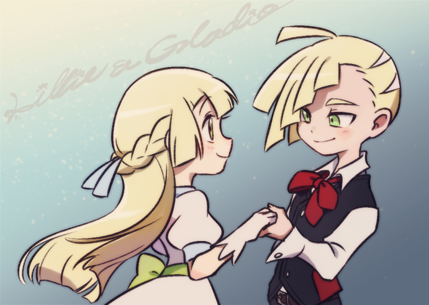 1boy, 1girl, belt, black_vest, blonde_hair, bow, bowtie, brother_and_sister