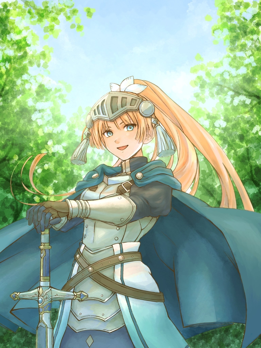 1girl, armor, armored_dress, blonde_hair, blue_cape, blue_eyes, blurry, bokeh, breastplate, cape, commentary, day, depth_of_field, dress, female_focus, forte_(rune_factory), gauntlets, gloves, hand_on_hilt, highres, knight, long_hair, outdoors, planted, ponytail, rune_factory, rune_factory_4, smile, solo, sword, tanusaku, tree, visor_(armor), weapon