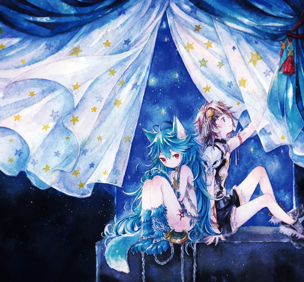 1boy, 1girl, animal_ear_fluff, animal_ears, animal_hands, antenna_hair, bad_id, bad_pixiv_id, bare_shoulders, blue_eyes, blue_hair, brown_hair, chain, claws, curtains, fenrir_(shingeki_no_bahamut), granblue_fantasy, hair_ornament, leele_(maruet), loki_(granblue_fantasy), long_hair, red_eyes, short_hair, short_shorts, shorts, skull, tail, thighs, very_long_hair, wolf_ears, wolf_girl, wolf_tail