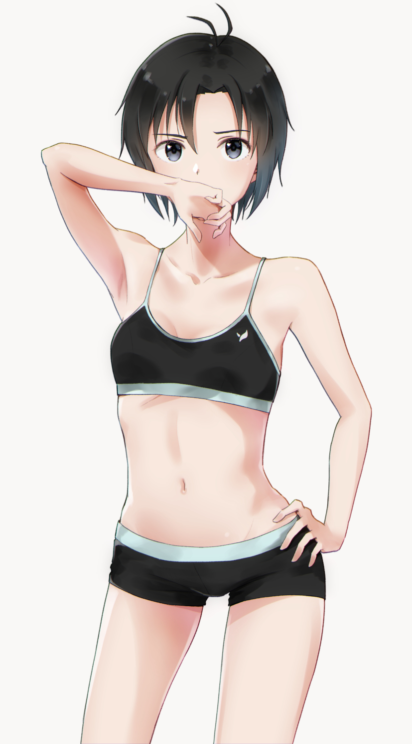 1girl, antenna_hair, black_bra, black_eyes, black_hair, black_panties, black_shorts, bra