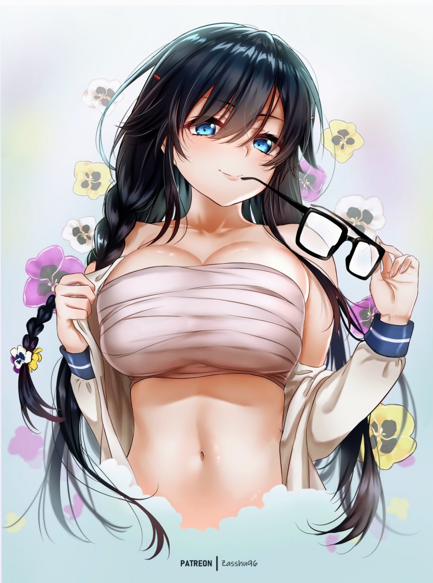 1girl, artist_name, bare_shoulders, black-framed_eyewear, blue_background, blush, braid, breasts