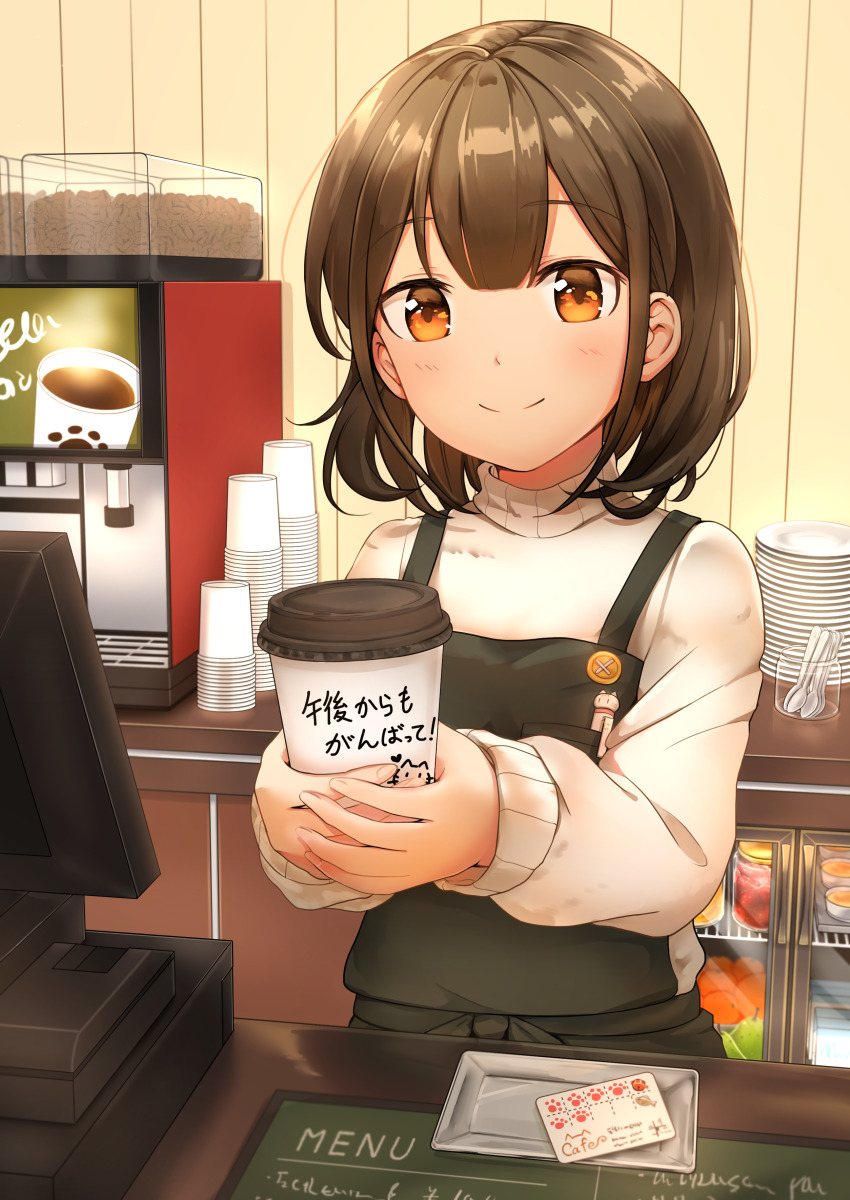 1girl, absurdres, apron, barista, blush, brown_eyes, brown_hair, buttons, cashier, coffee_beans, computer, counter, cup, disposable_coffee_cup, disposable_cup, female_focus, food, fruit, highres, iluka_(ffv7), jar, long_sleeves, looking_at_viewer, orange_(fruit), original, pear, pen, plate, pocket, short_hair, smile, solo, spoon