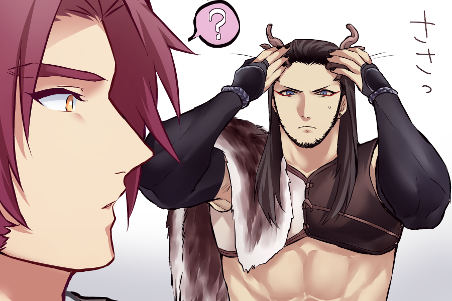 2boys, ?, beard, black_nails, blue_eyes, bridal_gauntlets, brown_hair, facial_hair