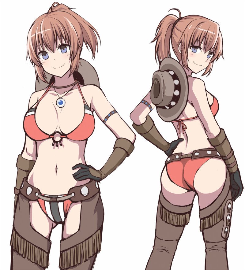 1girl, ass, bikini, blue_eyes, blush, breasts, brown_gloves, brown_hair